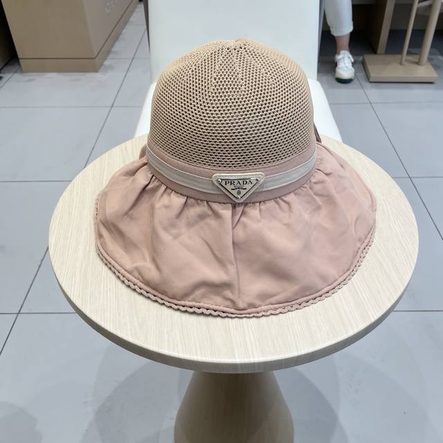 Prada New Women's Bow-Knot Wide-Brim Knit Fabric Sun Hat, Fisherman's Hat, Uv Pr