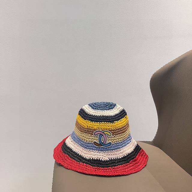 Special Dust-Proof Bag Chanel 2025 New Rainbow-Colored Braided Fisherman's Hat,