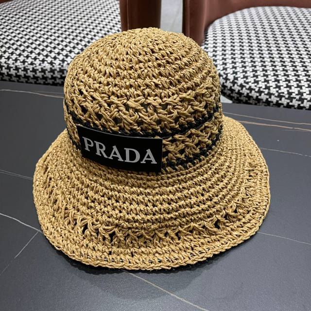 Prada New Designer Lace-Up Color-Block Woven Fisherman's Hat, Super Versatile,