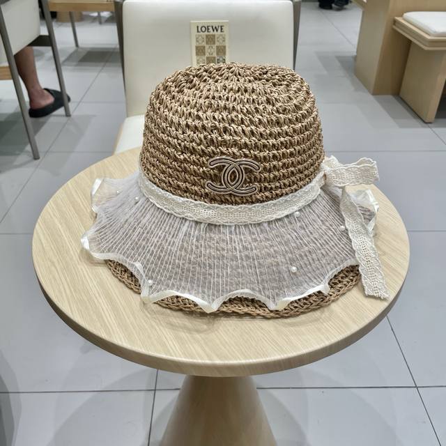 Chanel French Lace-Edged Woven Straw Hat For Women, Summer Wide-Brimmed Sun Hat,