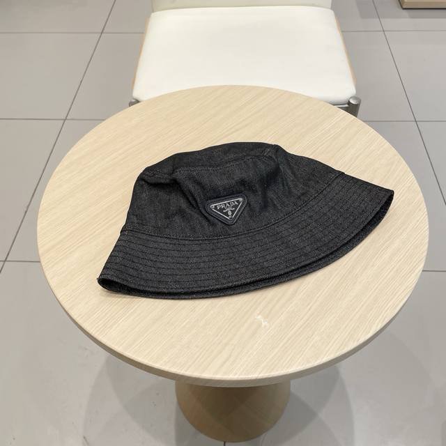 Prada High-Quality Denim Inverted Triangle Fisherman's Hat. Washed Denim Color,