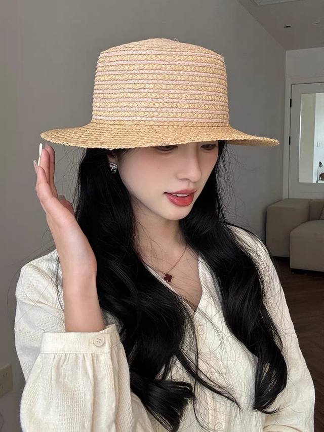 Dior Raffia Straw Flat-Brimmed Straw Hat For Women, Summer French-Style Flat-Top
