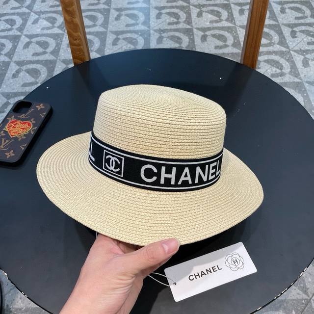 Chanel New Style Small Chanel-Style Flat-Top Straw Hat, A Must-Have For Going Ou