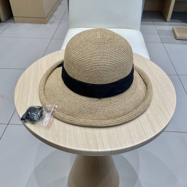 Prada French Elegant Design Split Back Bow Rolled Brim Straw Hat For Women, Summ