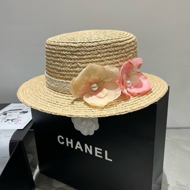 Chanel Raffia Straw Top Hat, Flower-Adorned Flat-Top Hat, Essential For Travel A