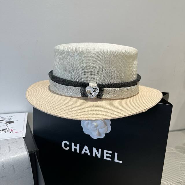Chanel Flat-Top Linen Hat, High-End Ceremonial Hat, Head Circumference 57Cm