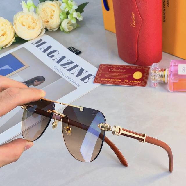 Cartie* New Leopard-Print Sunglasses Wood-Grain Temples Double-Bridge Frameless