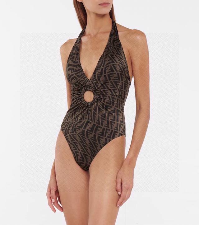 Fendi New Arrival F-Letter Print Metal Ring One-Piece Swimsuit, Super Sexy! Natu