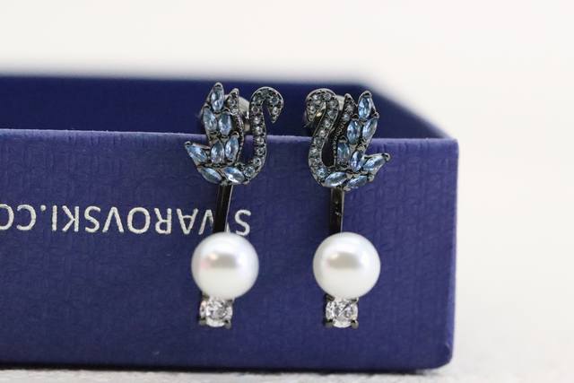 Hot-Selling Recommendation Swarovski Black Blue Diamond Swan Pearl Earrings Auth