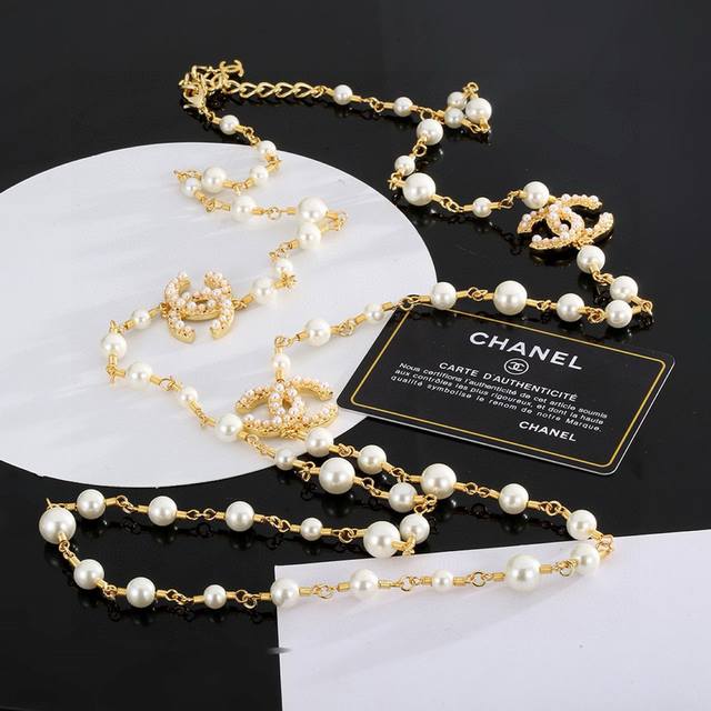 Latest Chanel Double C Pearl Necklace Sweater Chain Absolutely Stunning! Exquisi