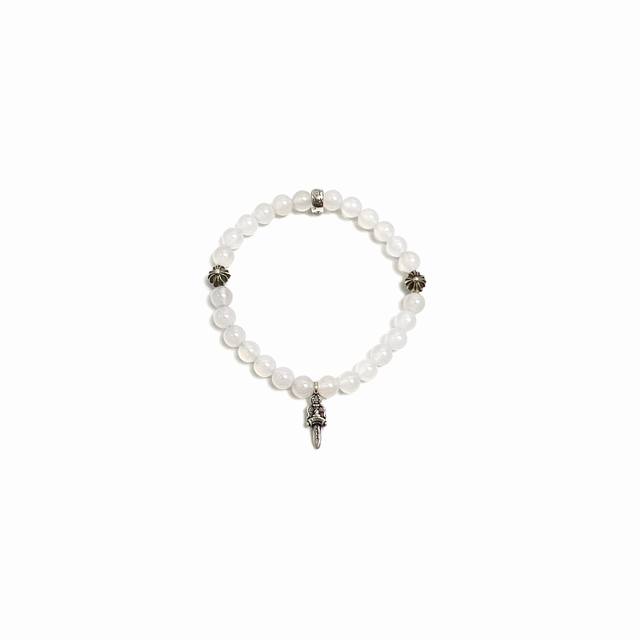 Chrome Hearts 6Mm White Agate With Four Silver Beads Bracelet