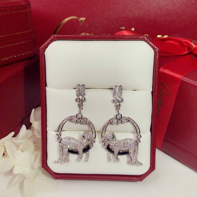 Luxury Cartier Leopard Lacquered Diamond-Studded Earrings, Round Studs, Best-Sel