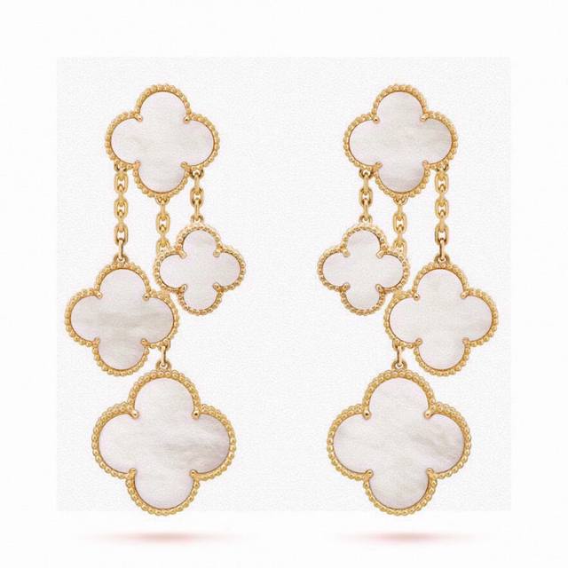 Vca Van Cleef & Arpels Four-Leaf Clover Four-Flower Mother-Of-Pearl Earrings Whi