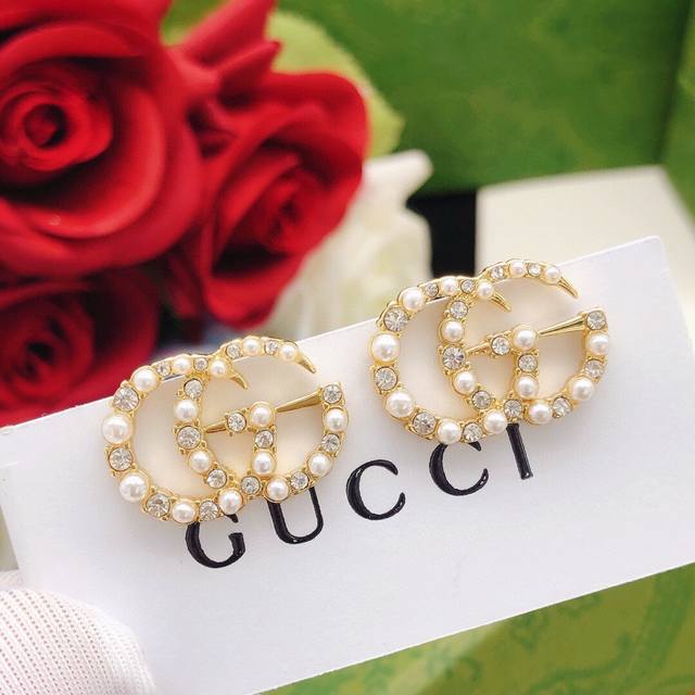Ged0189 Gcuu*Latest Double G Diamond-Studded Pearl Earrings, Zp Brass Material