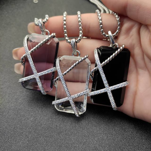 David Yurman Black Onyx, Amethyst Diamond, And White Crystal-Edged Necklace. Cha