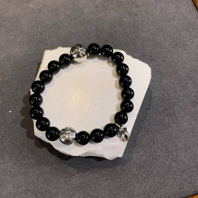 Chrome Hearts Black Onyx Bead Bracelet Vintage-Inspired Design With Tongue Cross