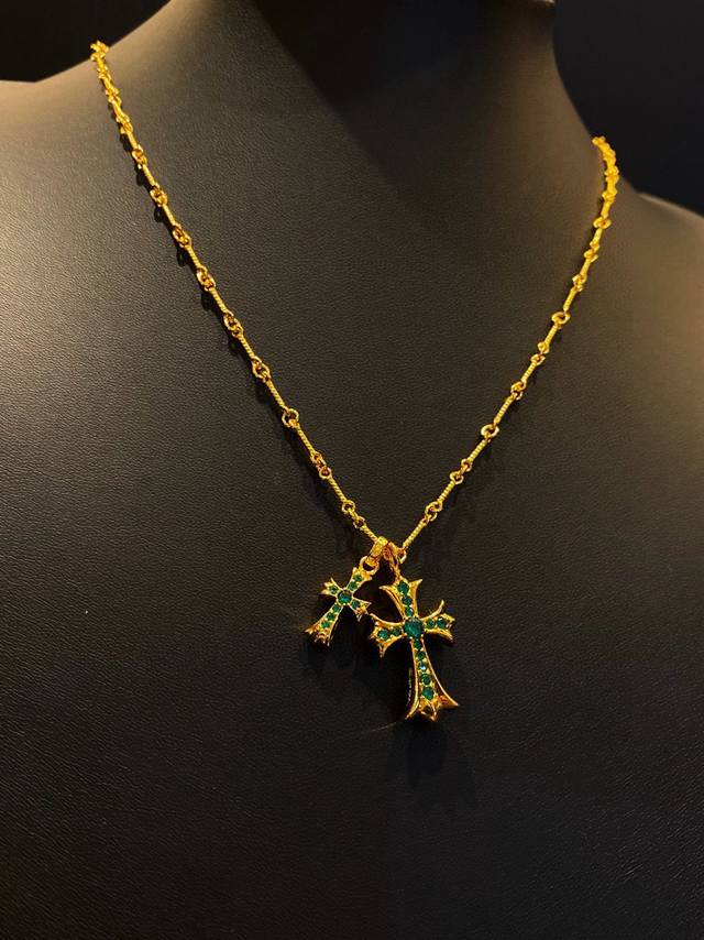Chrome Hearts Gold-Plated Green Diamond Double Cross Necklace. Vacuum Electropla