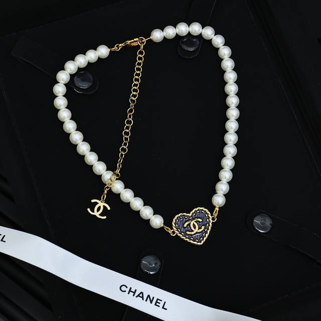 Chanel Vintage Palace-Style Denim Heart Pearl Necklace The Denim Enamel Series I