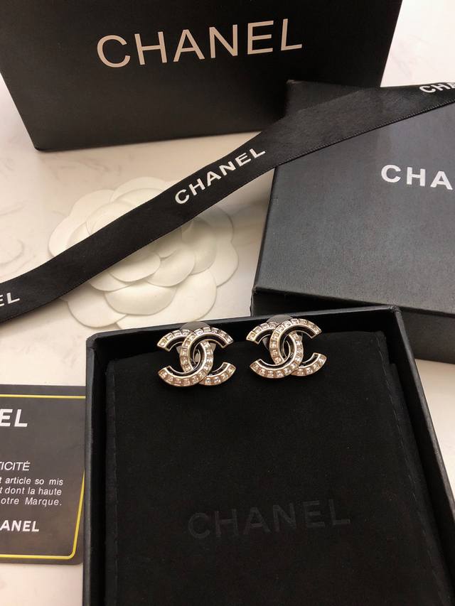 Chanel Chanel Black Enamel Crystal Double C Ear Studs With Full Crystal Double C