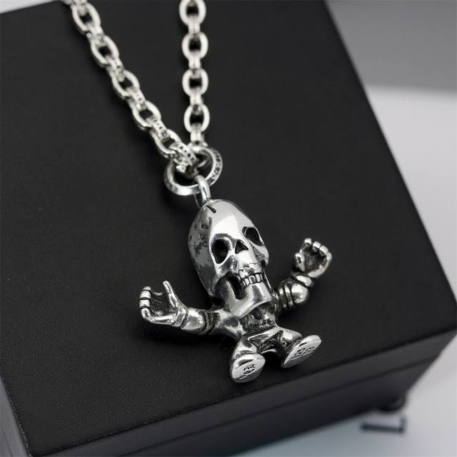 Ch Croxin Silver Antique Skull Pendant Men's Fashion Punk-Style Necklace For Bot
