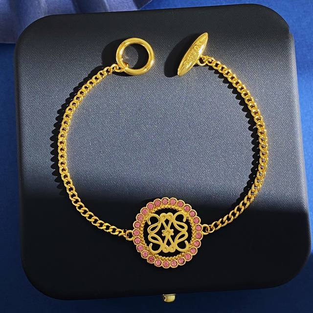 Loewe Fashionable Luxury Lace Round Pink Diamond-Embellished Hollow Smooth Line