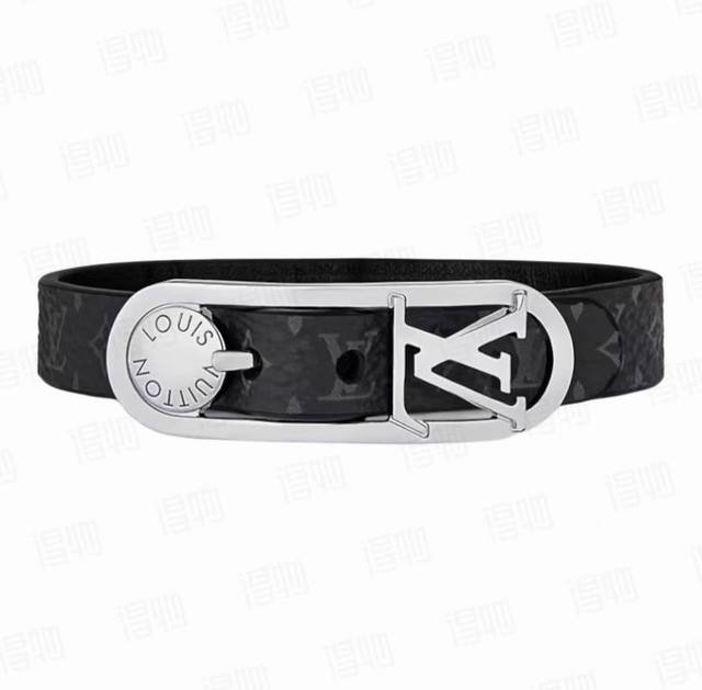 Louis Vuitton Logo Design Leather Bracelet For Men Black Flower
