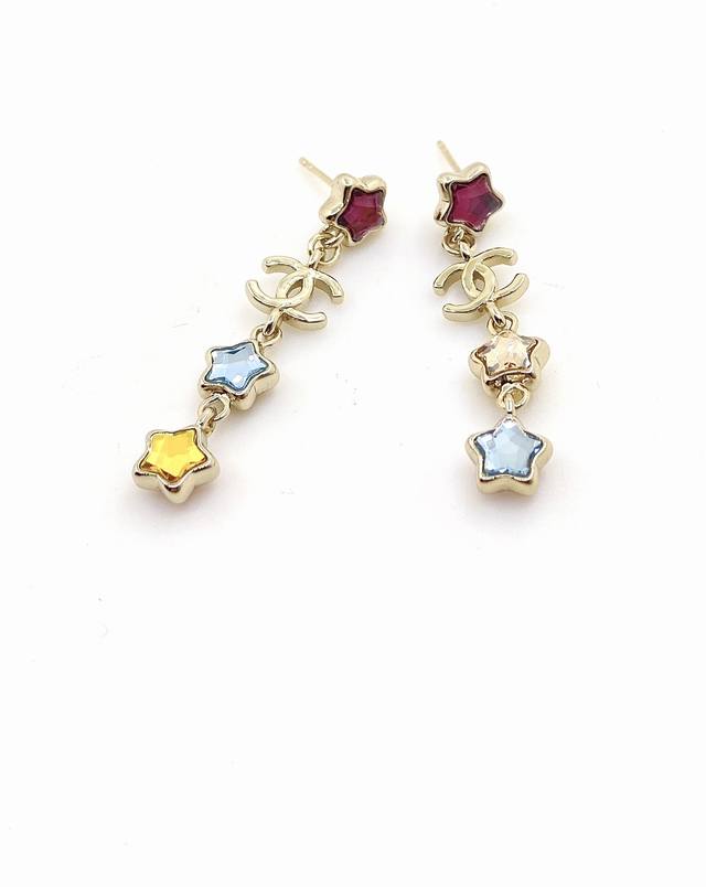 Chanel Latest Model Color Diamond Five-Pointed Star Long Earrings, Z-Batch Brass