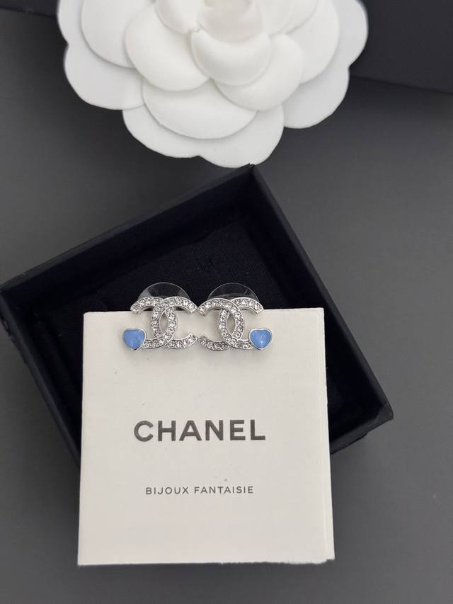 Chanel Latest Blue Heart-Shaped Stud Earrings, Consistent With Z-Batch Brass Mat