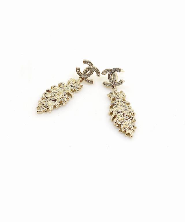 Chanel Latest Style Light Gold Leaf Long Earrings, Z-Batch Brass Material
