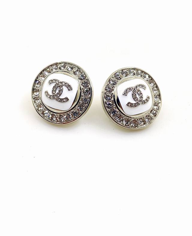 Chanel Latest White Gold Round White Cc Stud Earrings, Zp Brass Material