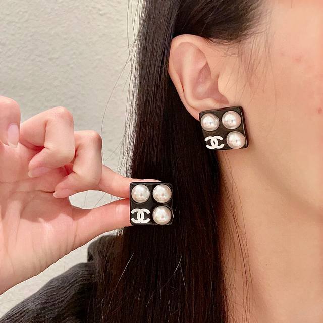 Chanel Square Pearl Double C Stud Earrings