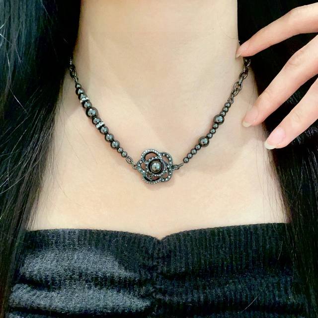 Chanel Black Camellia Double C Necklace
