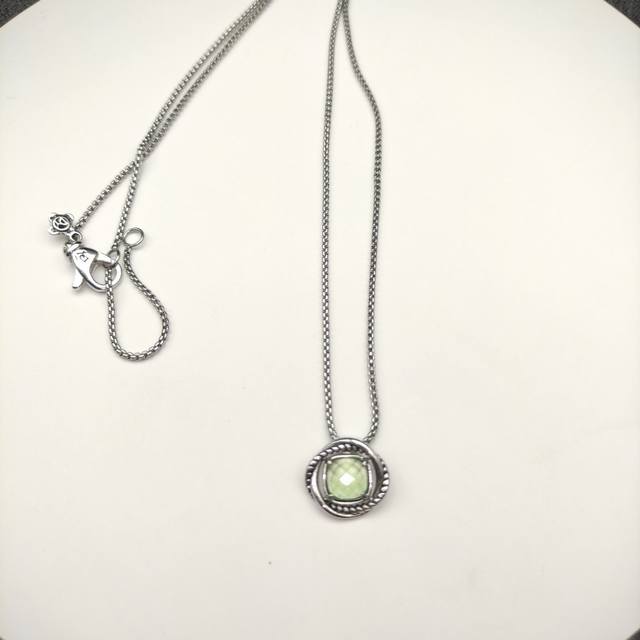 David Yurman 7Mm Main Stone, Square Diamond Necklace With Green Diamonds. Chain