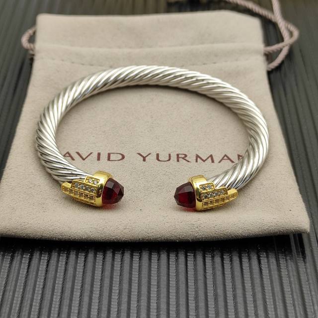 David Yurman 7Mm Gold-Plated Silver Bracelet With 5 Rows Of Diamonds. Red Diamon