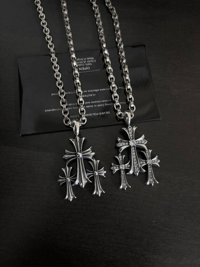 Ch Vintage-Style Antique-Finish Diamond-Studded Three-Cross Pendant Letter Neckl