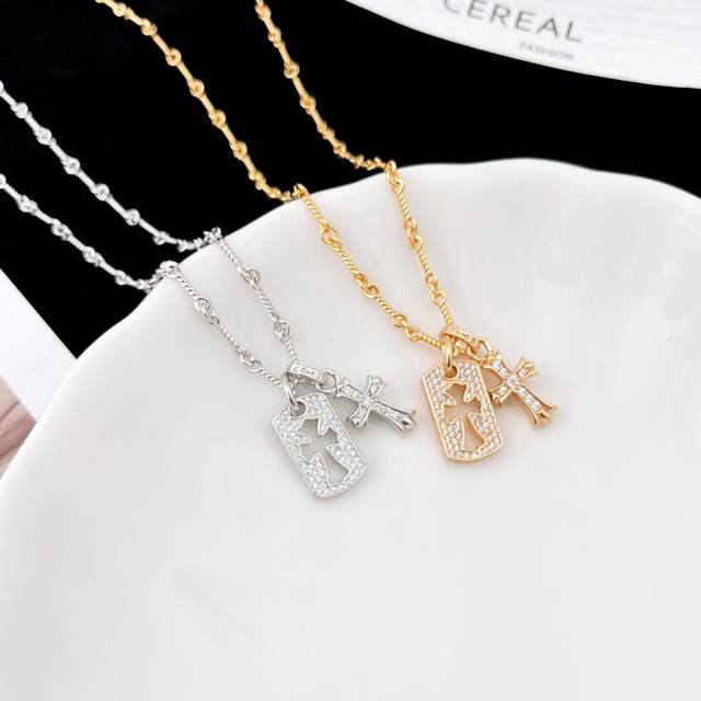 Cro* Double Flower Pendant Necklace, Square Full-Diamond Openwork Cross Flower W