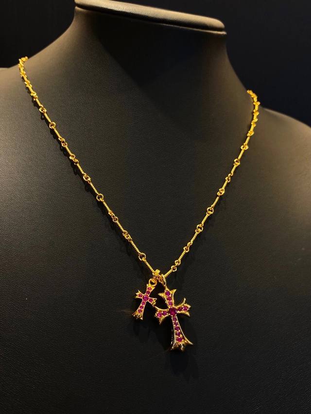 Chrome Hearts 22K Gold-Plated Red Diamond Double Cross Necklace, 22K Gold-Plated