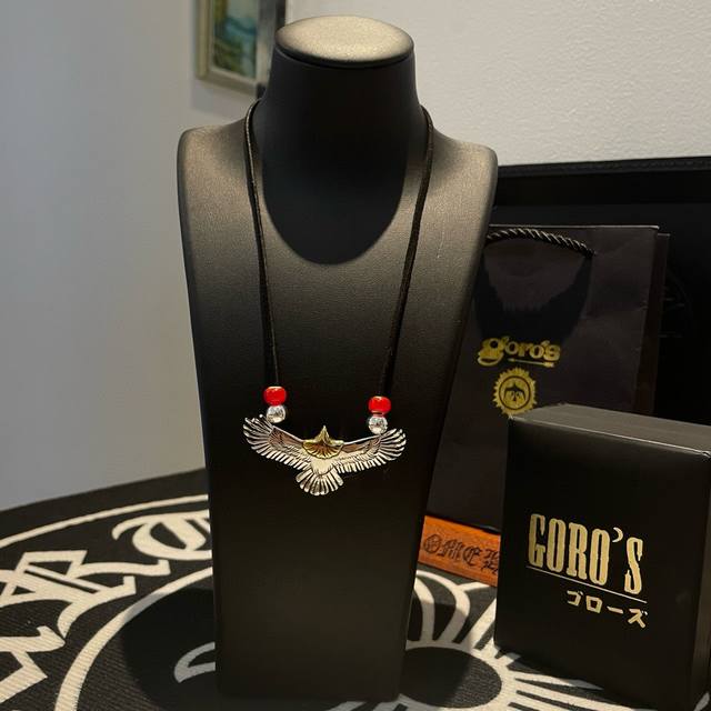 New Arrival Goro's Takahashi Gor Eagle Pendant, Classic Deer Skin Cord Red Glass