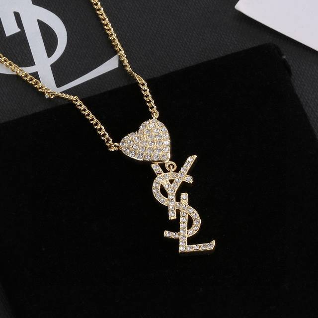 Ysl Saint Laurent Full-Letter Diamond Necklace Authentic Brass Material Yves Sai