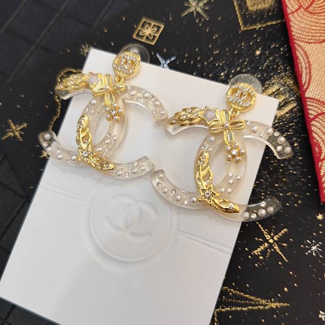 Chanel Transparent Crystal Pearl Camellia Letter Combination Earrings, Gold-Colo