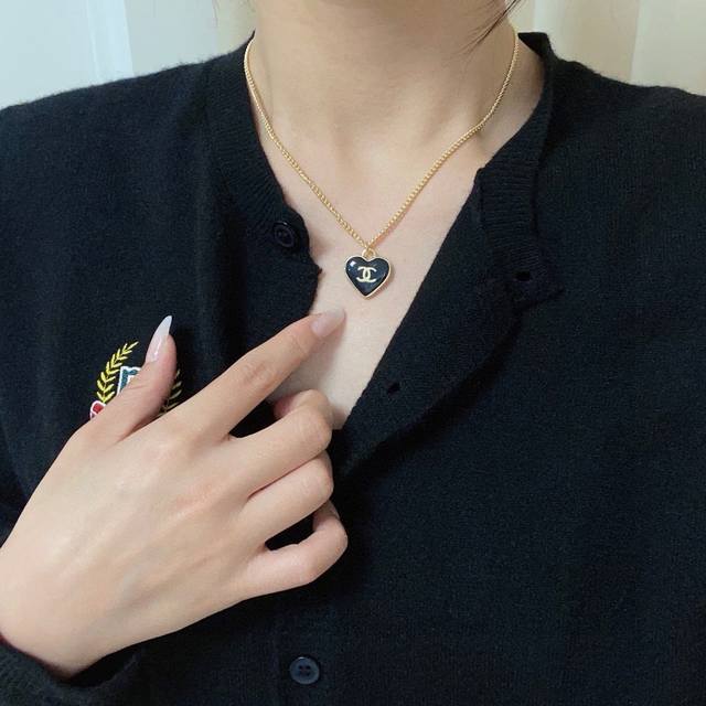 Chanel's Latest Black Heart Double-Sided Necklace, Made Of Stainless Steel With