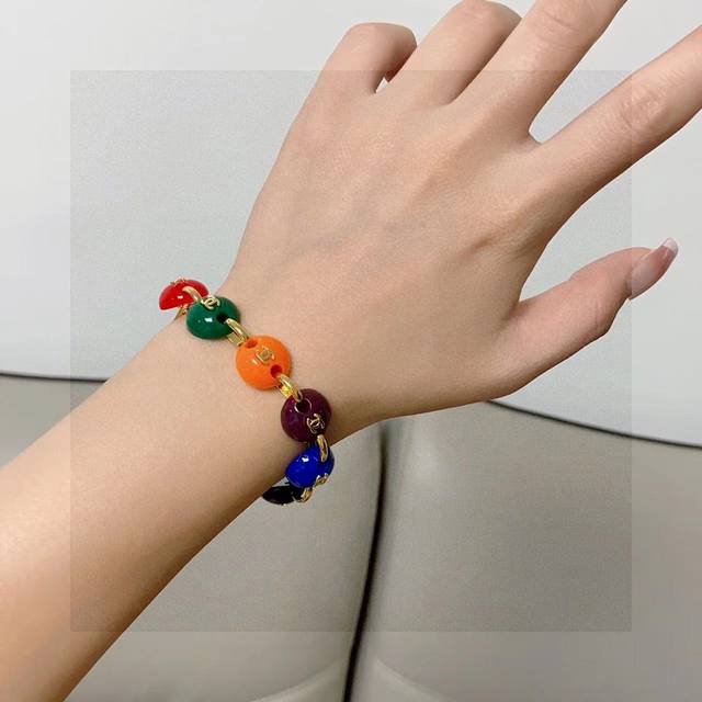 New Chanel Double C Colorful Bead-Embellished Bean-Shaped Bracelet, Layered For