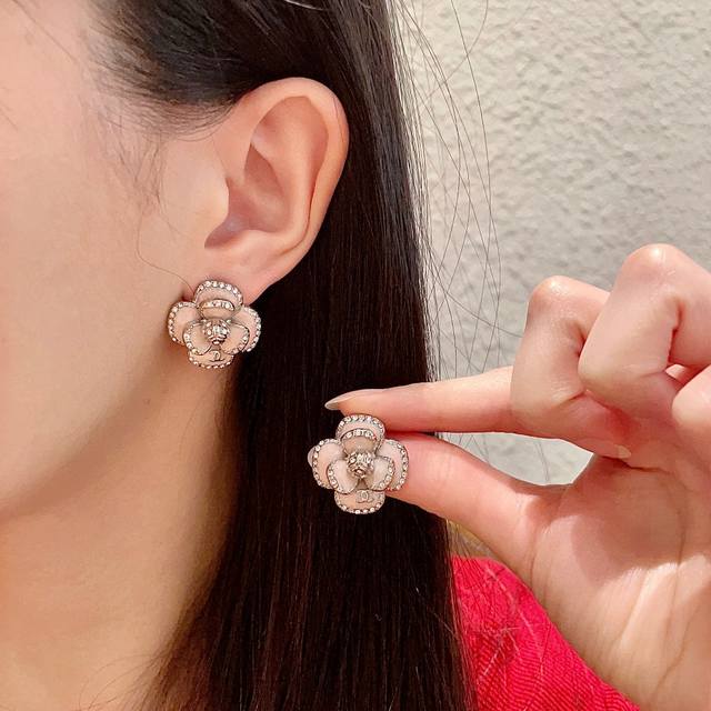 Chanel Camellia Double C Diamond-Studded Stud Earrings