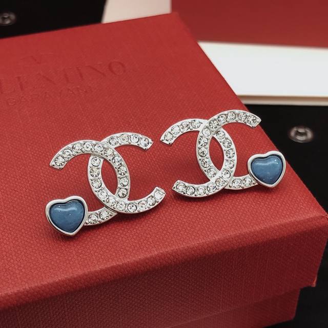 Id Xed0865 Ch*Nel's Latest Blue Heart-Shaped Ear Studs, Made Of Zp Brass,