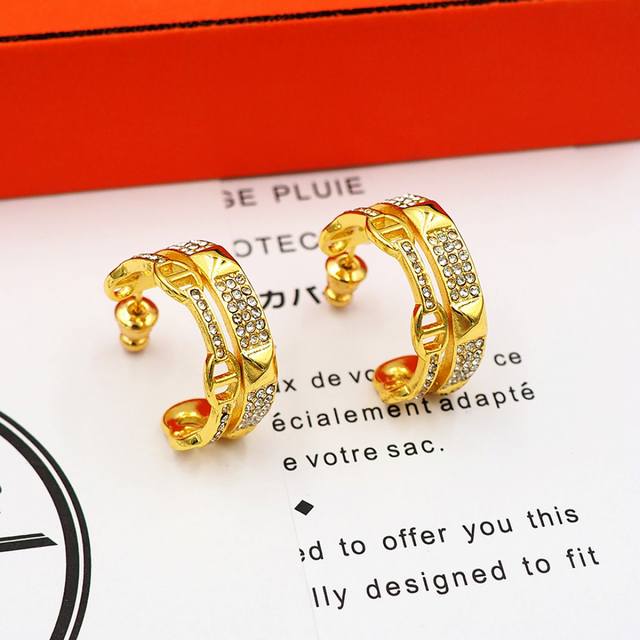 Hermes Pig Nose Orange Full Diamond C-Shaped Earrings Xe881