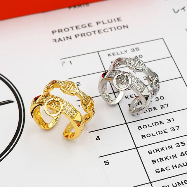 Hermes Pig Nose Orange Full Diamond Open Ring Xr152