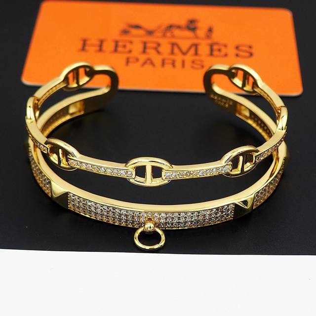Hermes Pig Nose Orange Full Diamond Half-Circle Bracelet Xb758