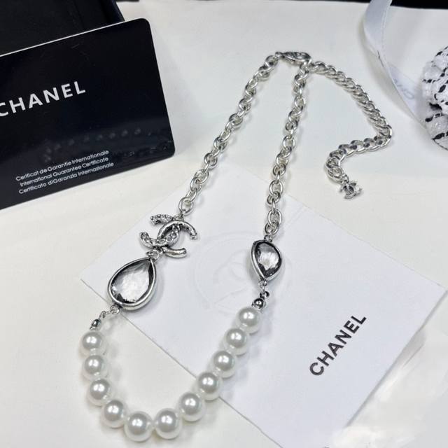 Chanel Double C Gun Black Double Teardrop Chain Pearl Necklace 24A High-End Hand