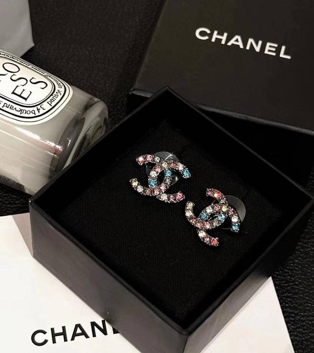 Chanel Crystal And Colored Diamond Letter Combination Earrings In Black. The Sam