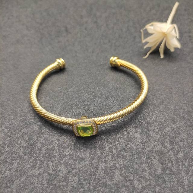 New Arrival. David Yurman 4Mm Gold-Tone Square Diamond Twisted Green Diamond Bra